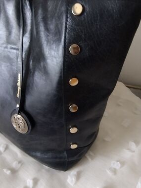 Tommy Bahama Black Leather Studded Shoulder Bag with Gold Logo